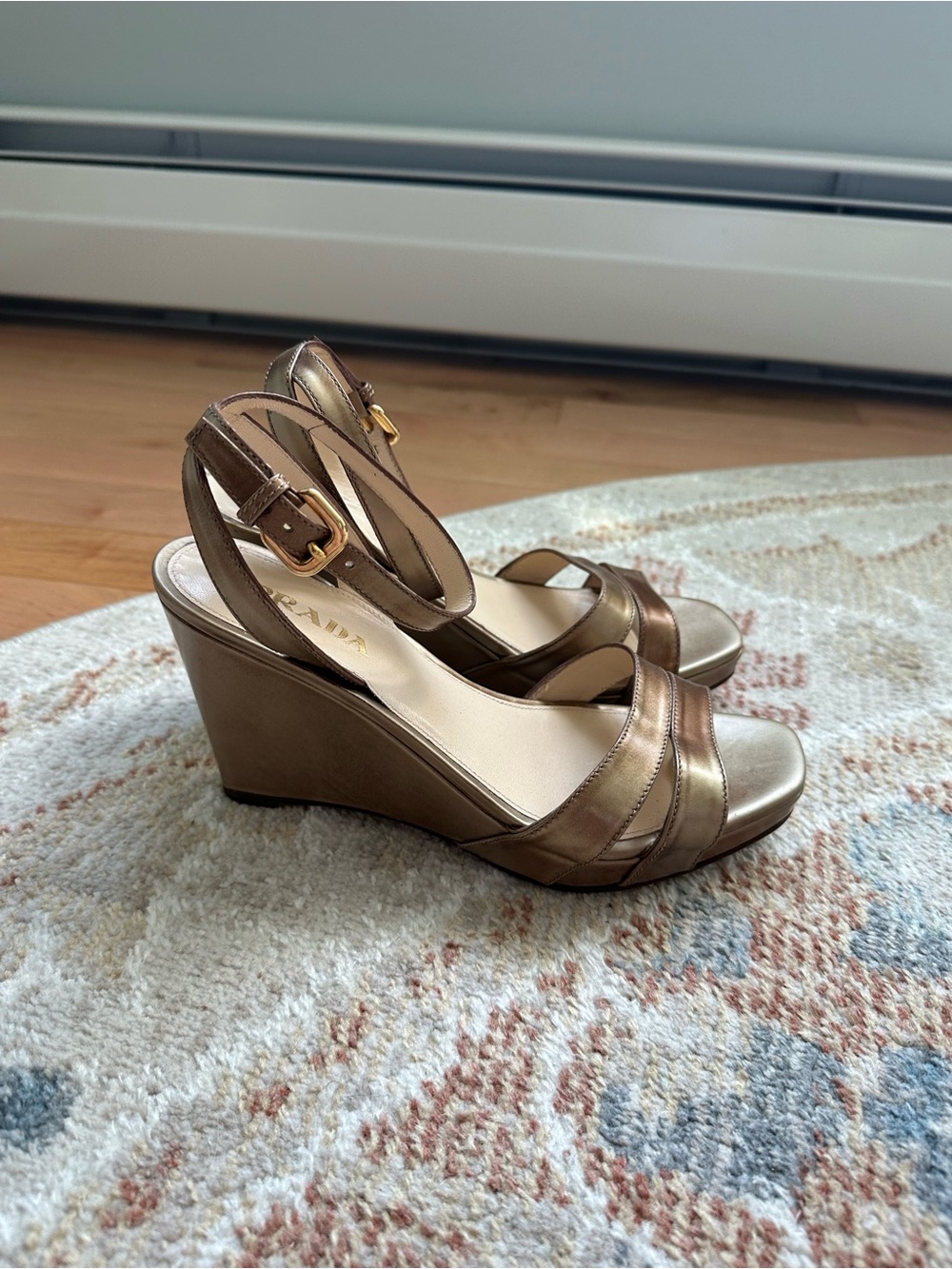 Prada Bronze Metallic Wedge Sandals with Ankle Strap